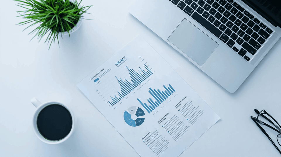 Overhead view of desk with printed benefits scorecard report showing charts and data, laptop, coffee cup, and plant
