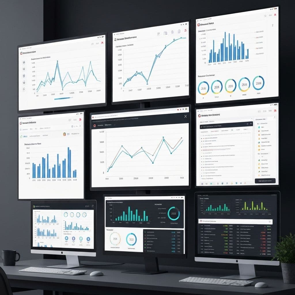 Data dashboards and analytics charts on screens