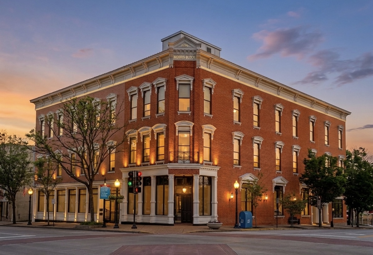 Summit X Advisors office — historic Mooris Block building at dusk